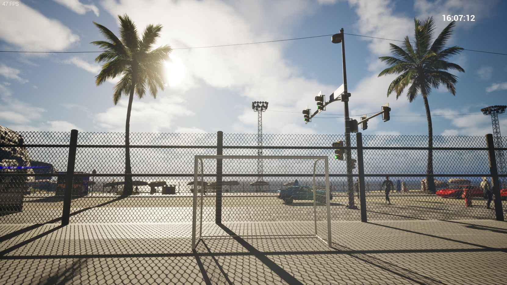 Captura de tela do jogo mostrando um personagem perto de um quiosque na praia.