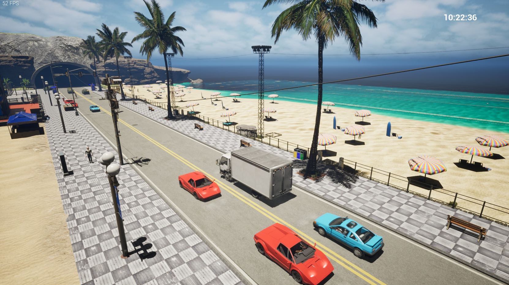Captura de tela do jogo de uma vista da rua com um personagem e um carro.