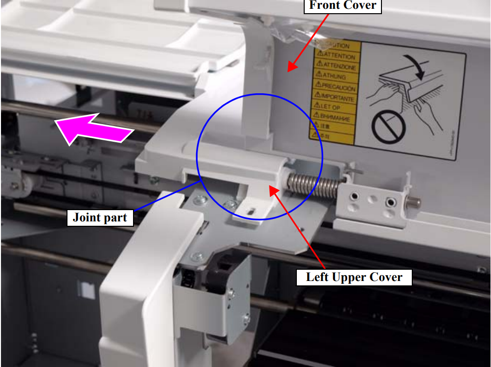 remove the Left Upper Cover pulling out its joint part in the direction of the arrow