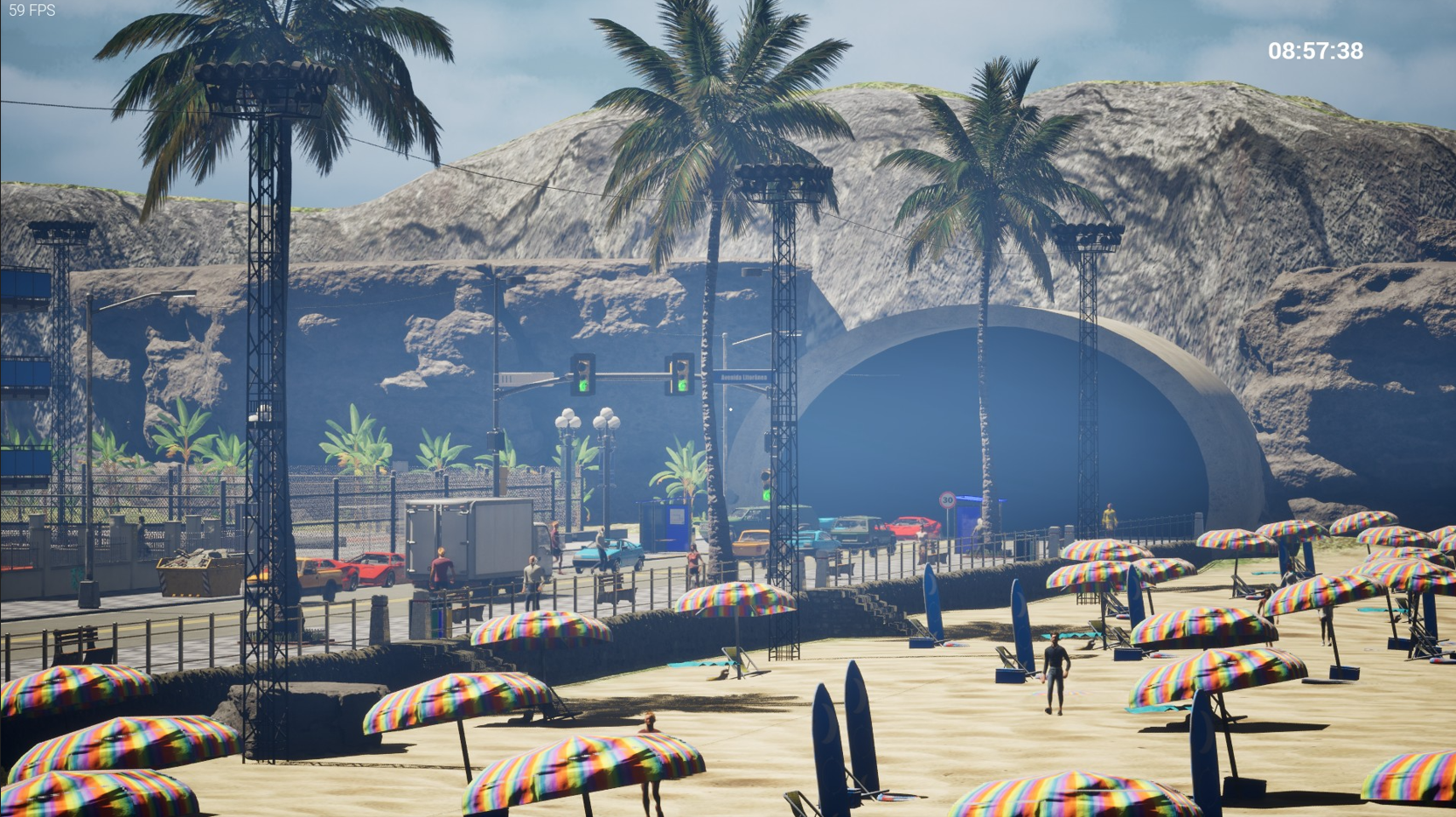 Captura de tela do jogo mostrando um quarto com vista para a praia.