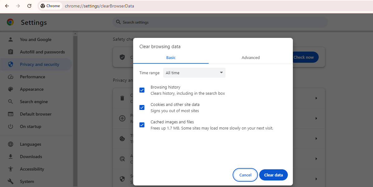 Clear Cookies and Browser Cache