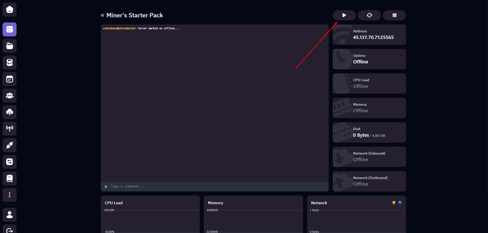 Server control panel with the 'Start' button highlighted.