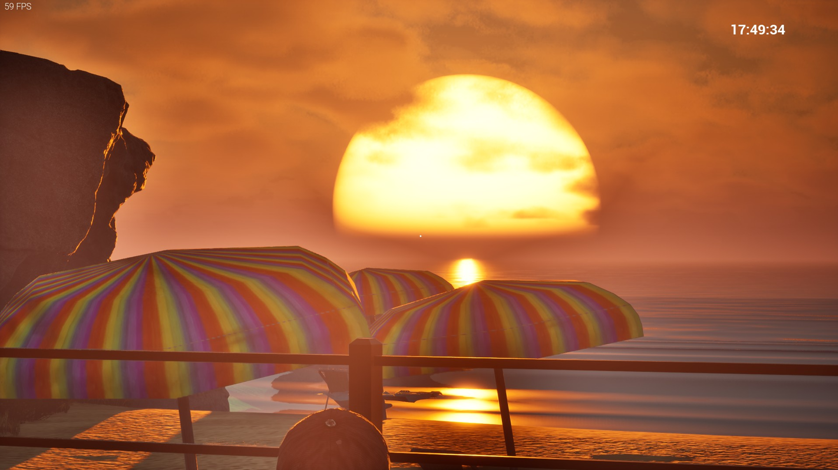 Captura de tela do jogo de um personagem olhando para o pôr do sol.