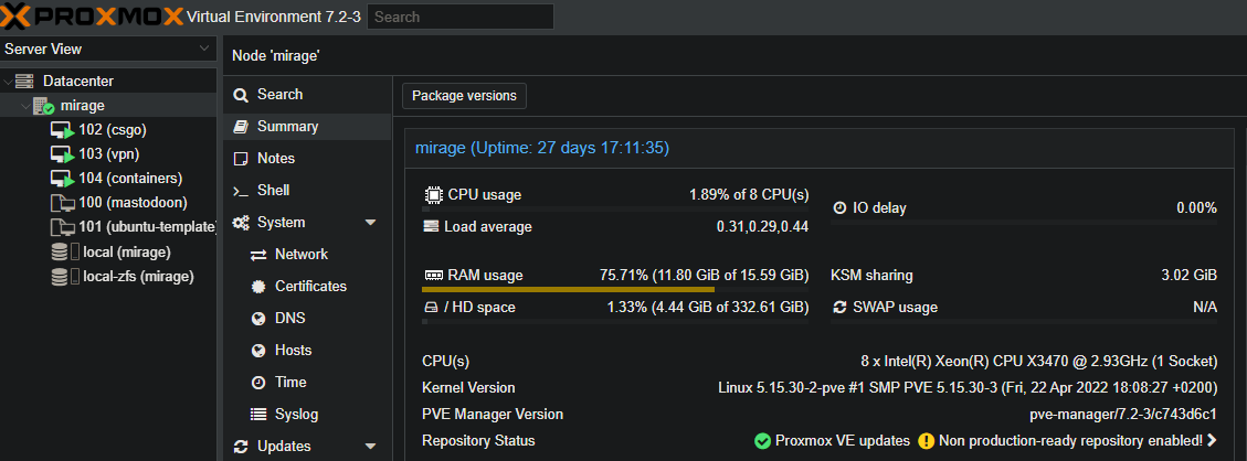 Printscreen of my proxmox screen, showing my host settings and VM names